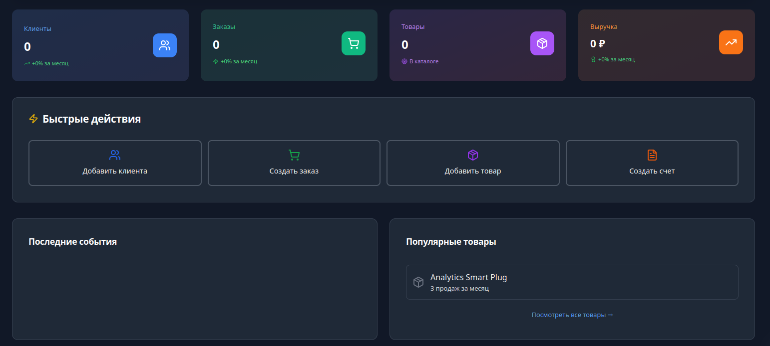 Главный дашборд UniFlow CRM с KPI и блоком быстрых действий